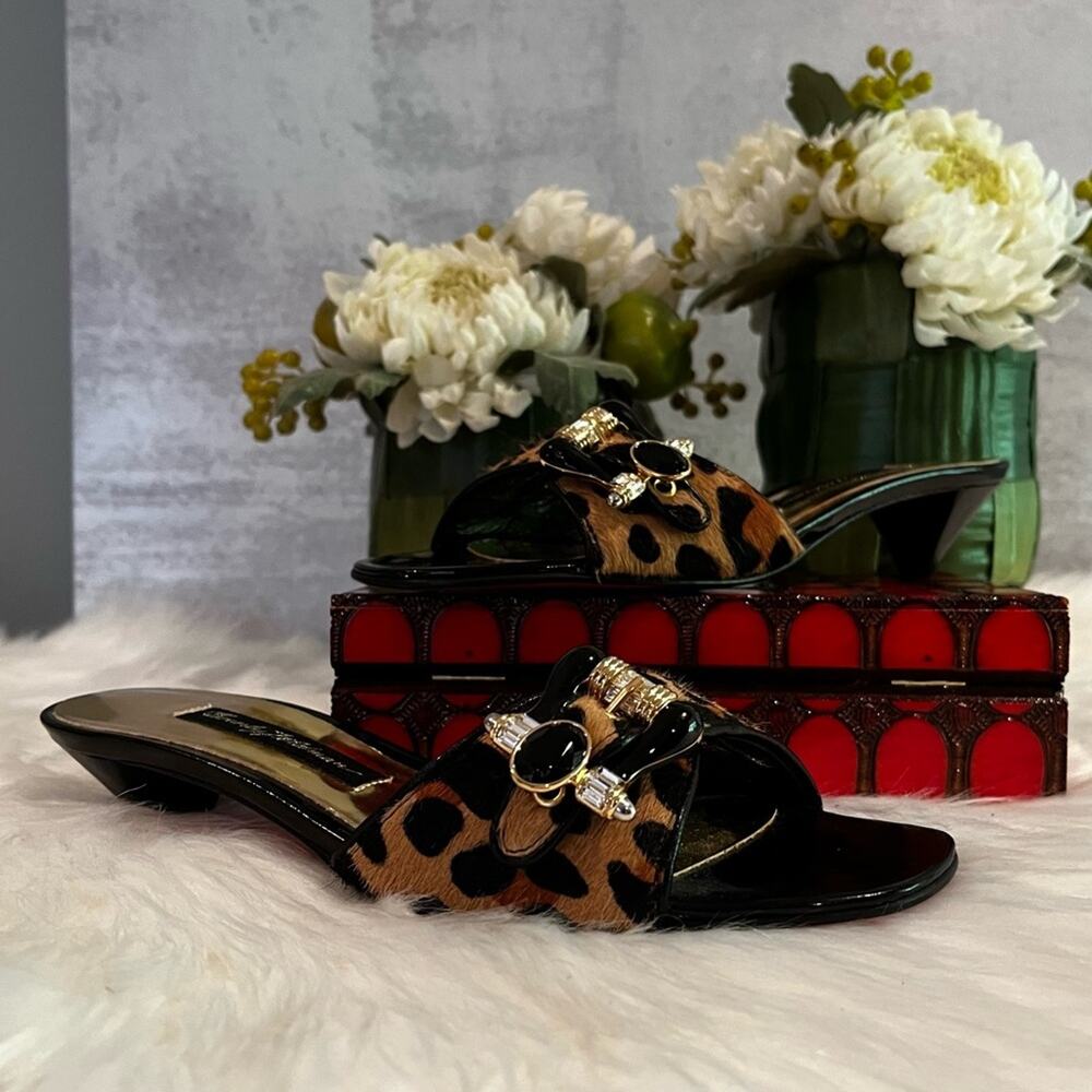 NEW Vintage Beverly Feldman Hair Calf Jeweled Slide Buckle Sandals Sz 5.5 NWOB - Picture 4 of 12
